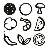 en samling av Ingredienser, grönsaker och korv . klotter samling av skivor av organisk Produkter för pizza eller sallad vektor