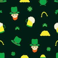 Grün Kleeblatt Blätter und Hufeisen, Bier. st. Patricks Tag nahtlos Hintergrund. komisch st. Patrick's Kobold. saisonal Design zum Kinder- Textilien, drucken vektor