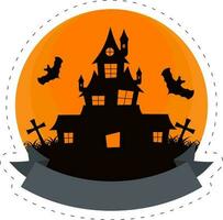 Lycklig halloween begrepp med besatt besatt hus med flygande djur- fladdermöss och kyrkogård natt orange cirkulär bakgrund. vektor