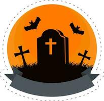 platt illustration av gravsten med flyga fladdermöss kyrkogård natt orange cirkulär bakgrund för Lycklig halloween begrepp. vektor