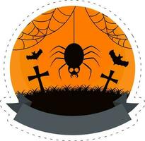 isoliert gruselig Spinne hängen mit fliegend Fledermäuse Tier Über Friedhof Orange kreisförmig Hintergrund zum glücklich Halloween Konzept. vektor