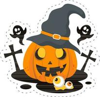 klistermärke stil kuslig pumpa bär häxa hatt med spöke flyga över kyrkogård bakgrund för Lycklig halloween firande. vektor