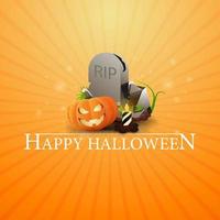 Happy Halloween Gruß Orange Karte mit Grabstein und Kürbis Jack vektor