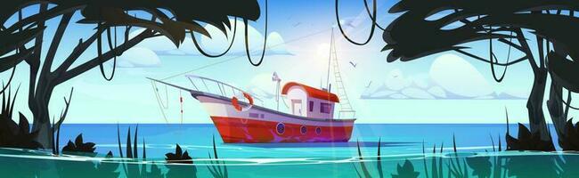 tecknad serie djungel damm vatten med fiske båt vektor