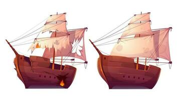 retro hölzern Schiffe mit Weiß segeln Karikatur vektor