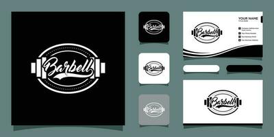 Hantel Sport Logo, Jahrgang und Abzeichen Konzept mit Geschäft Karte Design Prämie Vektor