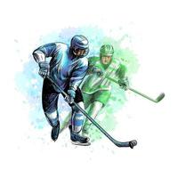 abstrakter Hockeyspieler vom Spritzen der Aquarellhand gezeichneten Skizze Wintersportvektorillustration von Farben vektor