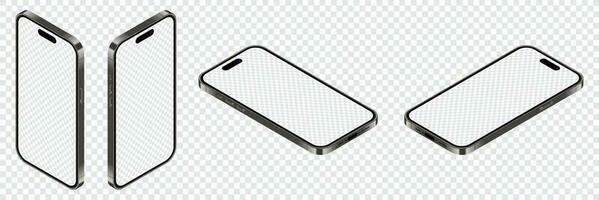 realistisk smartphone mockup. isometrisk smartphone uppsättning. 3d mobil telefoner med tom skärm. vektor illustration