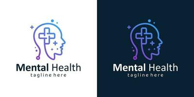 mental hälsa logotyp design. psykoterapi symbol begrepp. mänsklig huvud med medicinsk korsa grafisk design vektor illustration.