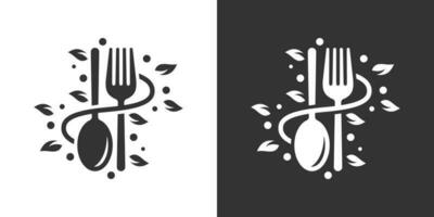 gesund Essen Diät Logo Design mit Löffel, Gabel, und Blatt Design Grafik Vektor Illustration. Symbol, Symbol, kreativ.