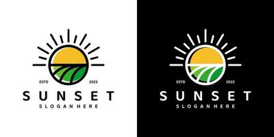 Sonnenuntergang Logo Design Vorlage mit Ackerland Landschaft Grafik Design Vektor Illustration. Symbol, Symbol, kreativ.