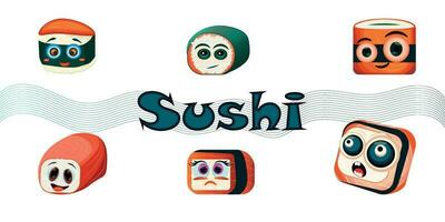 komisch Sushi Figuren. komisch Sushi mit süß Gesichter. Sushi rollen und Sashimi Satz. Sushi mit anders Emotionen. Sushi rollen ist ein Spaß Satz. asiatisch Essen, Vektor Illustration isoliert auf Weiß Hintergrund