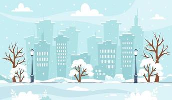 snöig vinter stadsbild med träd byggnader och park vektor