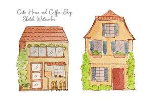 süß Gebäude Haus und Cafe skizzieren Aquarell Sammlung vektor