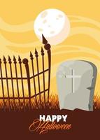 lycklig halloween firande kort med grav och staket scen vektor