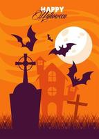 glückliche Halloween-Feierkarte mit fliegenden Fledermäusen und Mond im Friedhof vektor