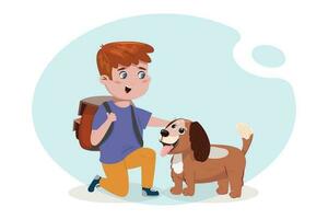 eben Karikatur Illustration mit ein Schule Junge streicheln das Hund. heim, Schule, Kindheit, Liebe, Pflege, Freundschaft, haben ein Haustier Konzept Illustration. vektor