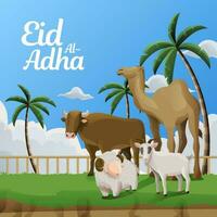 eid al Adha offra djur- på gräs med handflatan träd blå himmel bakgrund vektor