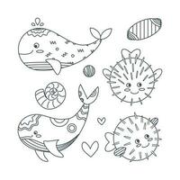 einstellen von Marine Elemente von Fisch, Muscheln, Puffer Fisch, Wal im eben Karikatur Stil. Linie Kunst. vektor