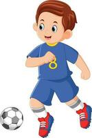 ein Vater ist ausüben spielen Fußball tragen ein Blau Uniform Hemd vektor