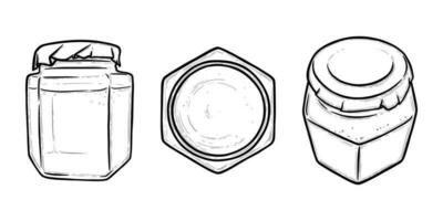 Glas Krug Vorderseite und oben Sicht. sechseckig Krug zum konserviert von Gurken, Honig oder Marmelade. Hand gezeichnet Vektor Illustration