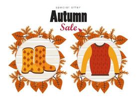 Herbstverkaufssaisonplakat mit Wollsack und Stiefeln vektor