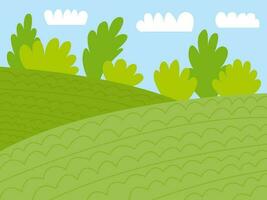 Vektor Sommer- Landschaft mit Grün Felder und Bäume. eben Grün Senke Landschaft Hintergrund