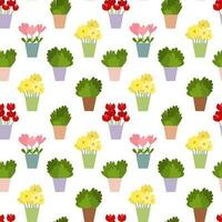vektor hus växter sömlös mönster. annorlunda blommor och växter i pott mönster