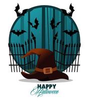 glückliche Halloween-Feierkarte mit Hexenhut und Fledermausflugszene vektor