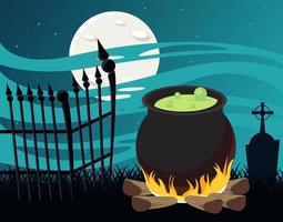 glückliche Halloween-Feierkarte mit Kessel und Zaun im Friedhof vektor