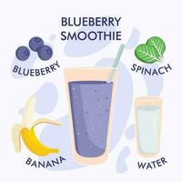 illustration av friska blåbär smoothie recept med Ingredienser på ljus bakgrund. kan vara Begagnade som meny element för Kafé eller restaurang. vektor