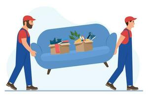 ziehen um Service. Mover tragen ein Sofa. Arbeitskräfte tragen Uniform tragen Möbel. Lieferung und Umzug Bedienung Konzept. Vektor Illustration