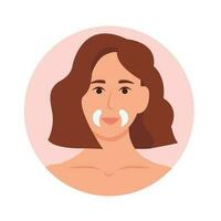 Frau bewirbt sich Kollagen kosmetisch Patch auf Haut gegen Gesichts- Falten. Zuhause Täglich Gesichts- Haut Pflege. Vektor Illustration