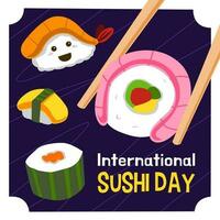 Design zum International Sushi Tag mit süß Karikatur Sushi Illustration vektor
