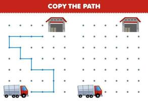 Bildung Spiel zum Kinder Kopieren das Pfad Hilfe LKW Bewegung zu das Warenhaus druckbar Transport Arbeitsblatt vektor