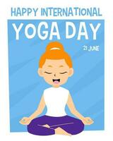 design för internationell yoga dag med söt tecknad serie orange hår flicka mediterar illustration vektor