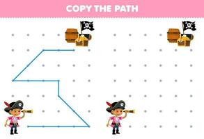 Bildung Spiel zum Kinder Kopieren das Pfad Hilfe Junge mit Fernglas Bewegung zu das Schatz Truhe druckbar Pirat Arbeitsblatt vektor