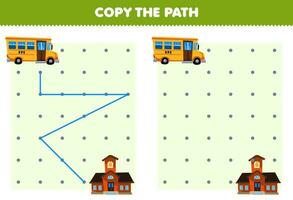Bildung Spiel zum Kinder Kopieren das Pfad Hilfe Bus Bewegung zu das Schule druckbar Transport Arbeitsblatt vektor