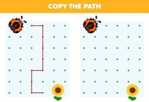 Bildung Spiel zum Kinder Kopieren das Pfad Hilfe Marienkäfer Bewegung zu das Sonnenblume druckbar Tier Arbeitsblatt vektor