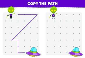 Bildung Spiel zum Kinder Kopieren das Pfad Hilfe Außerirdischer Bewegung zu das UFO druckbar Solar- System Arbeitsblatt vektor