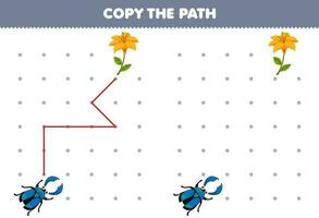 Bildung Spiel zum Kinder Kopieren das Pfad Hilfe Hirsch Käfer Bewegung zu das Blume druckbar Fehler Arbeitsblatt vektor