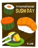 Design zum International Sushi Tag mit köstlich Karikatur Sushi Illustration vektor