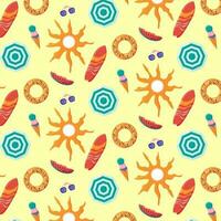 färgrik sömlös sommar mönster med paraply, munk sudd ringa, solglasögon, glass kon, surfbräda, vattenmelon skiva vektor
