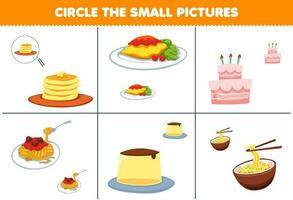 utbildning spel för barn cirkel de små bild av söt tecknad serie pannkaka omelett kaka spaghetti pudding spaghetti tryckbar mat kalkylblad vektor