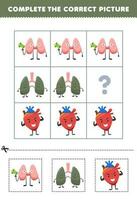 Bildung Spiel zum Kinder zu wählen und Komplett das richtig Bild von ein süß Karikatur Schilddrüse Lunge oder Herz druckbar Anatomie Arbeitsblatt vektor