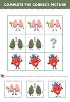 utbildning spel för barn till välja och komplett de korrekt bild av en söt tecknad serie sköldkörtel lunga eller hjärta tryckbar anatomi kalkylblad vektor
