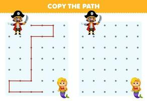 Bildung Spiel zum Kinder Kopieren das Pfad Hilfe Pirat Kapitän Bewegung zu das Meerjungfrau druckbar Pirat Arbeitsblatt vektor