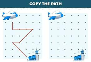 Bildung Spiel zum Kinder Kopieren das Pfad Hilfe Flugzeug Bewegung zu das Flughafen druckbar Transport Arbeitsblatt vektor