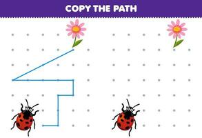 Bildung Spiel zum Kinder Kopieren das Pfad Hilfe Marienkäfer Bewegung zu das Blume druckbar Fehler Arbeitsblatt vektor