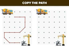 Bildung Spiel zum Kinder Kopieren das Pfad Hilfe Beton Rührgerät LKW Bewegung zu das Gebäude Seite? ˅ druckbar Transport Arbeitsblatt vektor